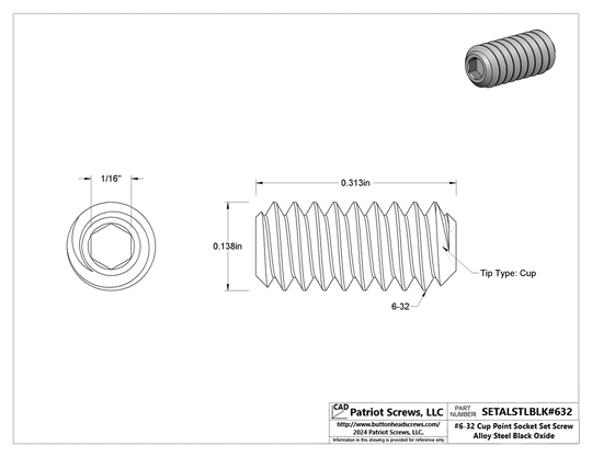 #6-32 x 5/16” Alloy Steel Black Oxide Cup Point Socket Set Screw
