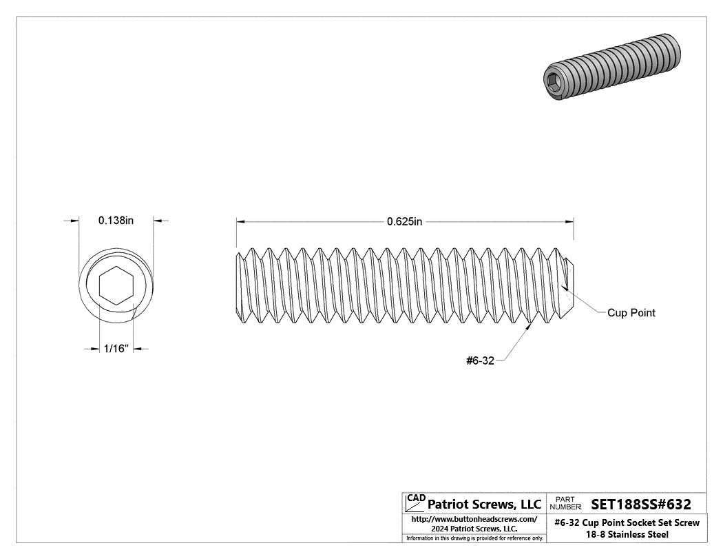 #6-32 x 5/8” 18-8 Stainless Steel Cup Point Socket Set Screw