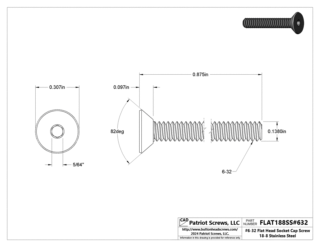 #6-32 x 7/8” 18-8 Stainless Steel Flat Head Socket Cap Screw