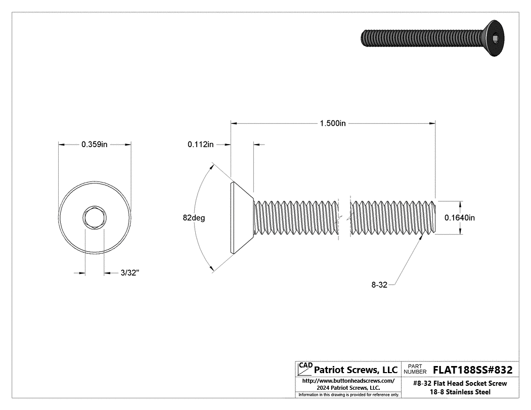#8-32 x 1-1/2” 18-8 Stainless Steel Flat Head Socket Cap Screw
