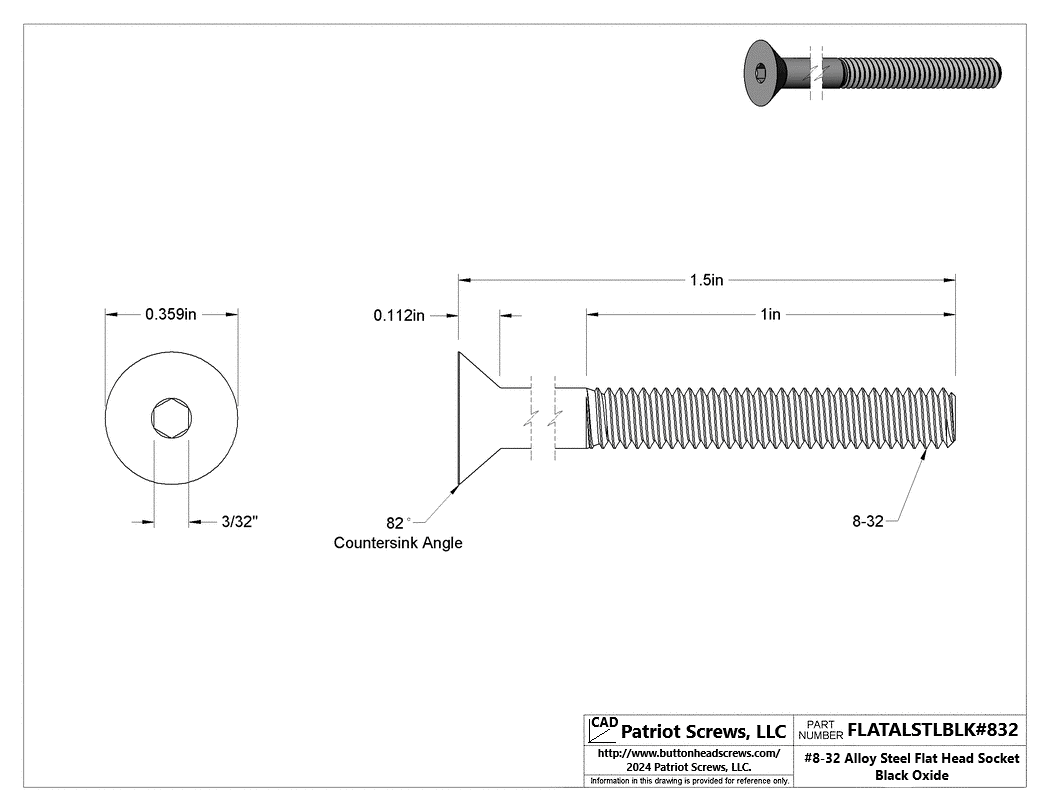 #8-32 x 1-1/2” Alloy Steel Black Oxide Flat Head Socket Cap Screw