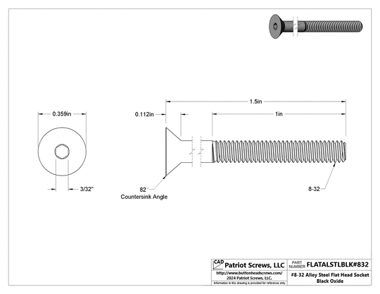 #8-32 x 1-1/2” Alloy Steel Black Oxide Flat Head Socket Cap Screw