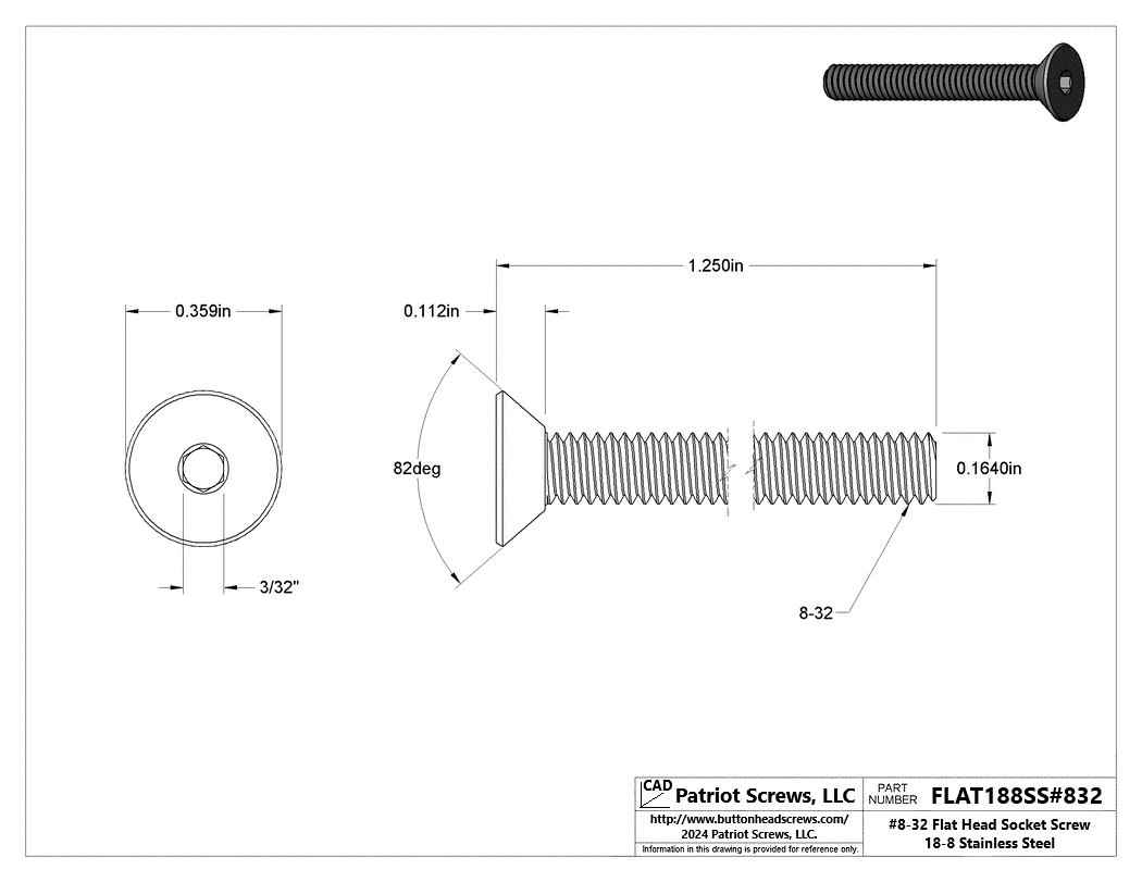 #8-32 x 1-1/4” 18-8 Stainless Steel Flat Head Socket Cap Screw