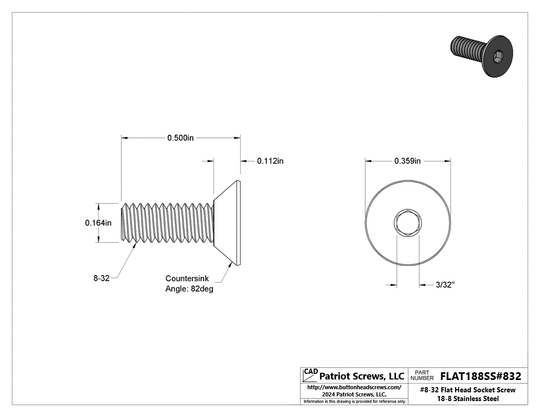 #8-32 x 1/2” 18-8 Stainless Steel Flat Head Socket Cap Screw