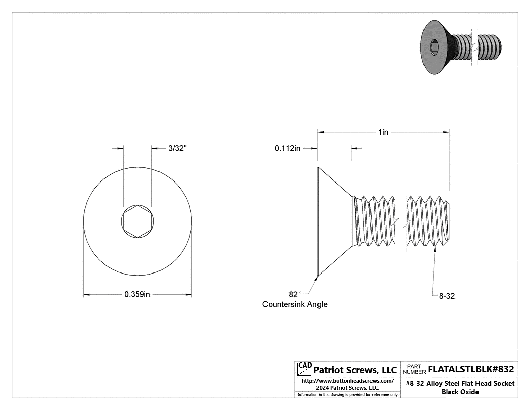 #8-32 x 1” Alloy Steel Black Oxide Flat Head Socket Cap Screw