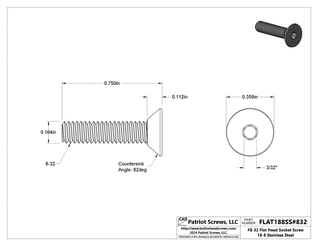 #8-32 x 3/4” 18-8 Stainless Steel Flat Head Socket Cap Screw