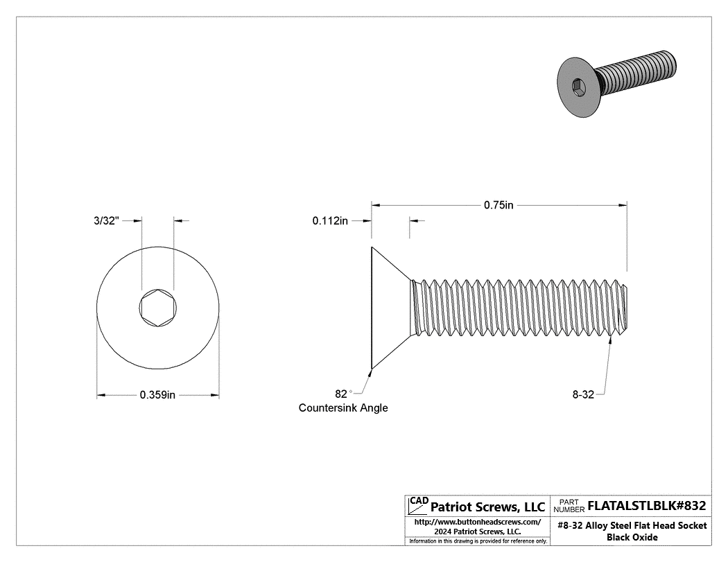 #8-32 x 3/4” Alloy Steel Black Oxide Flat Head Socket Cap Screw