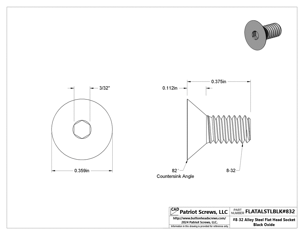 #8-32 x 3/8” Alloy Steel Black Oxide Flat Head Socket Cap Screw