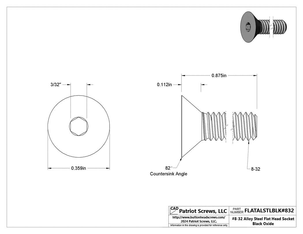 #8-32 x 7/8” Alloy Steel Black Oxide Flat Head Socket Cap Screw