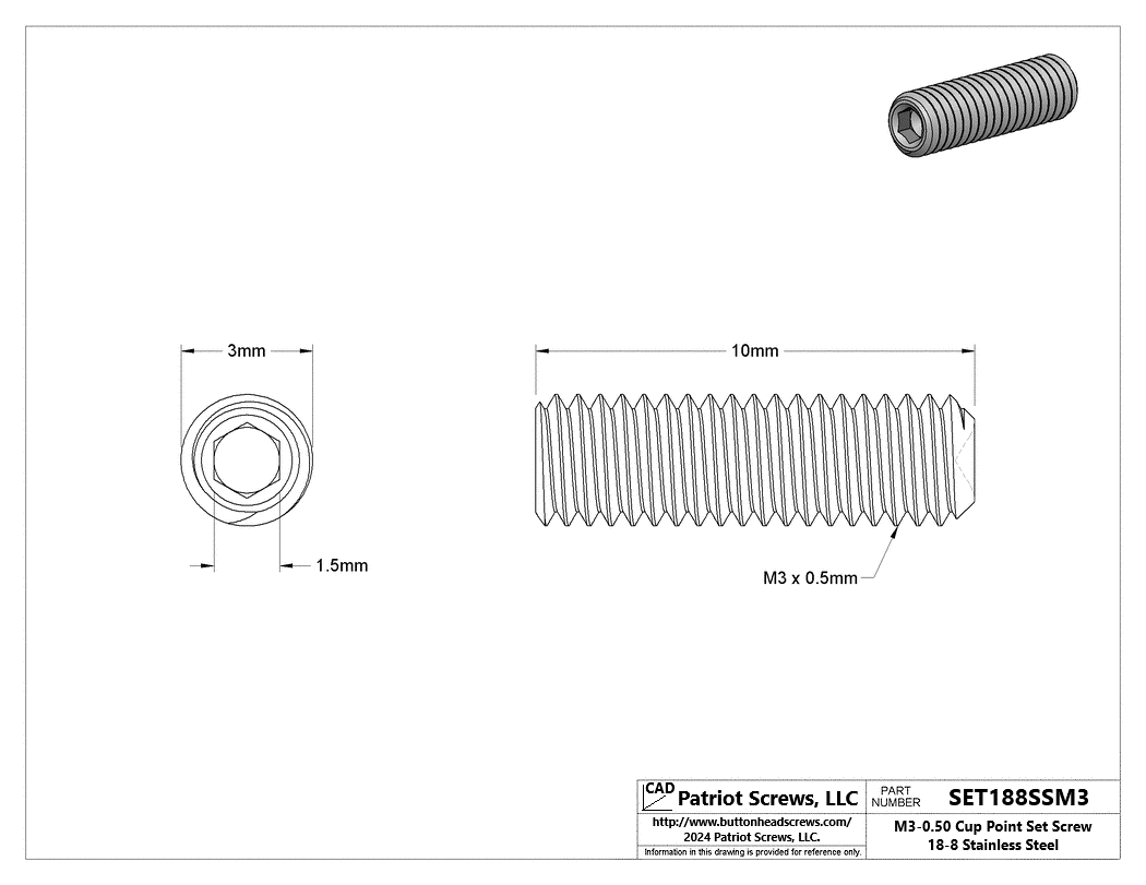 M3-0.50 x 10 mm 18-8 Stainless Steel Cup Point Socket Set Screw