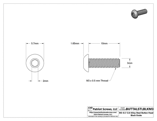 M3-0.50 x 10 mm 12.9 Alloy Steel Button Head Socket Cap Screw Black Oxide