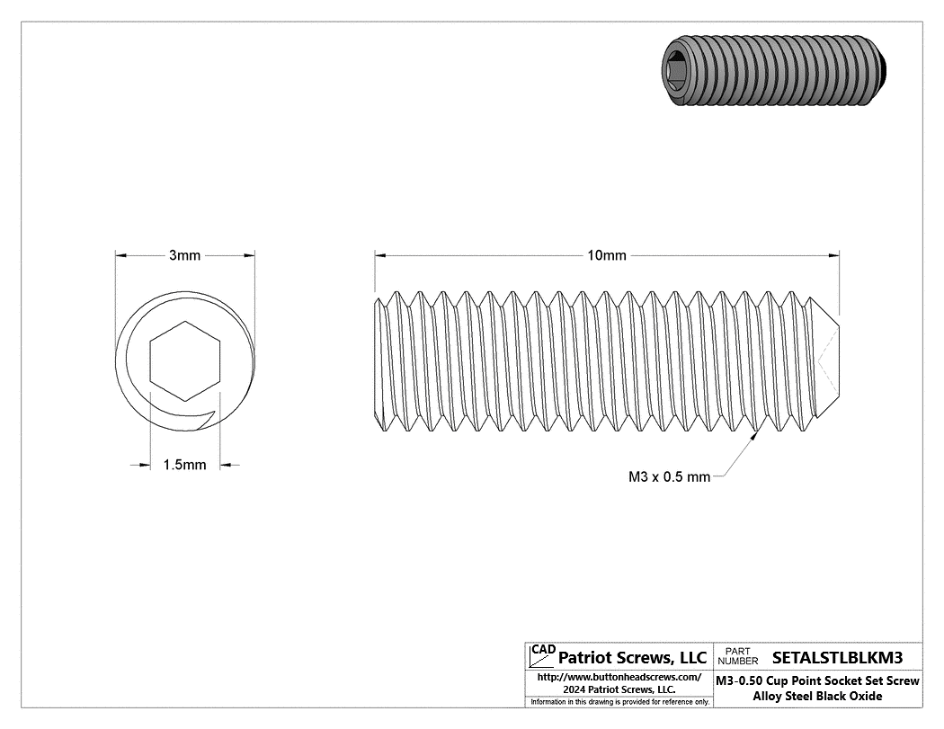 M3-0.50 x 10 mm Alloy Steel Black Oxide Cup Point Socket Set Screws