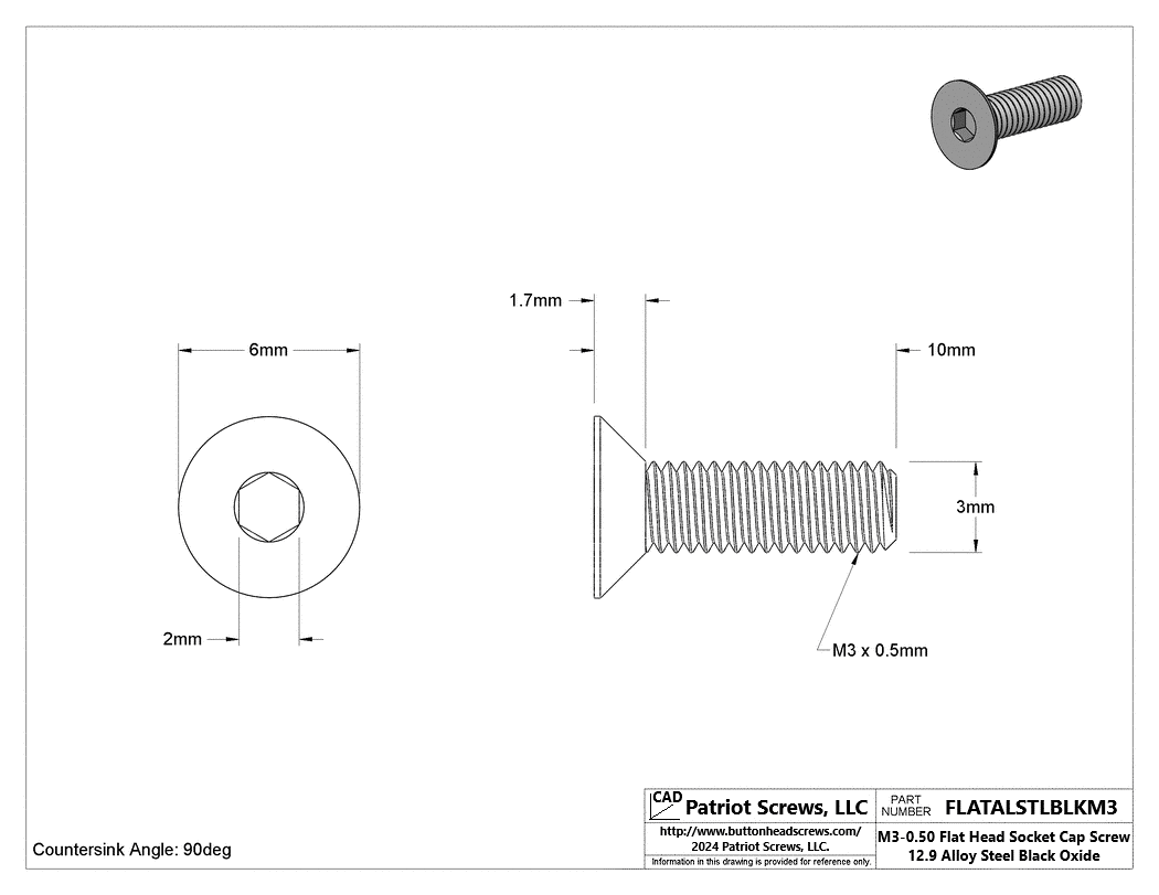 M3-0.50 x 10 mm 12.9 Alloy Steel Black Oxide Flat Head Socket Cap Screw