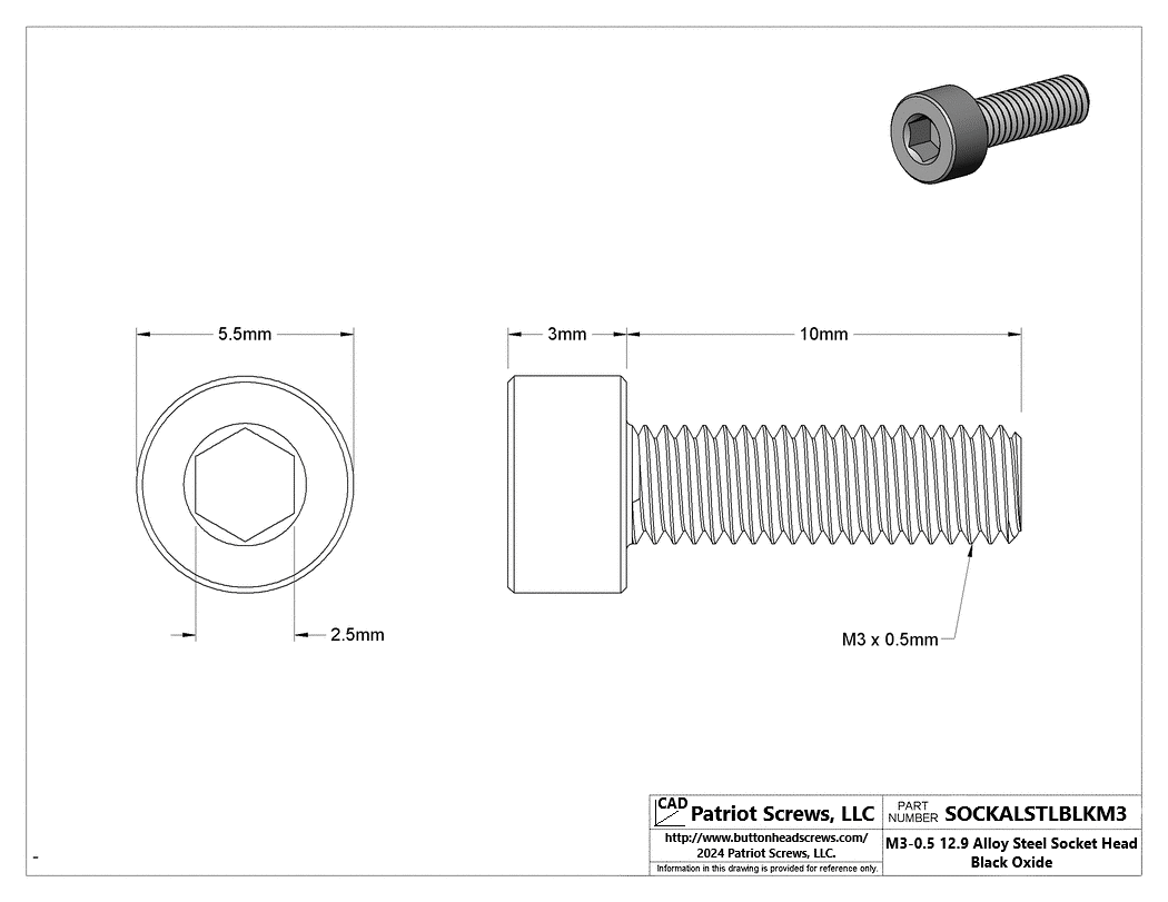M3-0.50 x 10 mm 12.9 Alloy Steel Black Oxide Socket Head Cap Screw