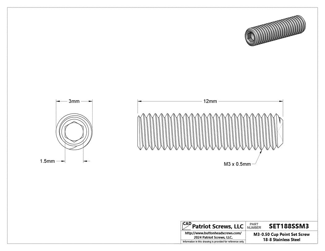 M3-0.50 x 12 mm 18-8 Stainless Steel Cup Point Socket Set Screw