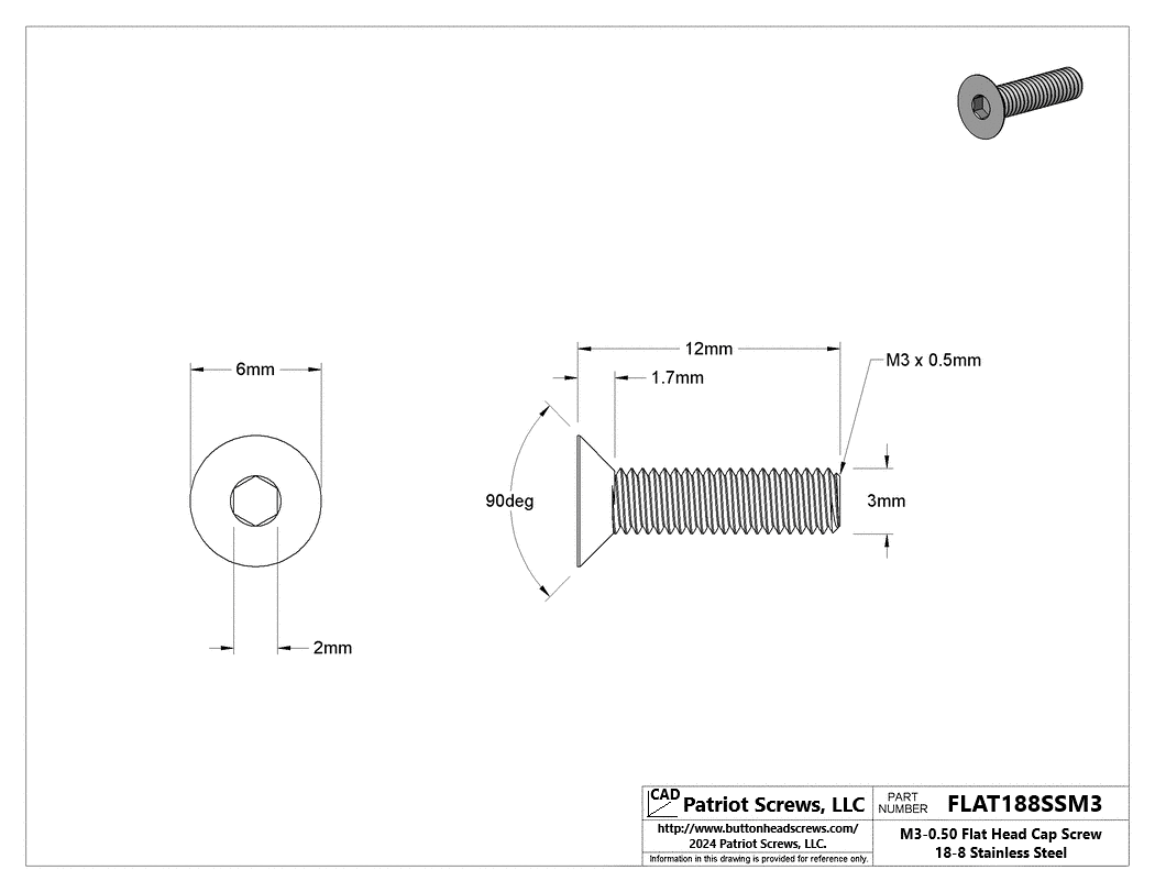 M3-0.50 x 12 mm 18-8 Stainless Steel Flat Head Socket Cap Screw