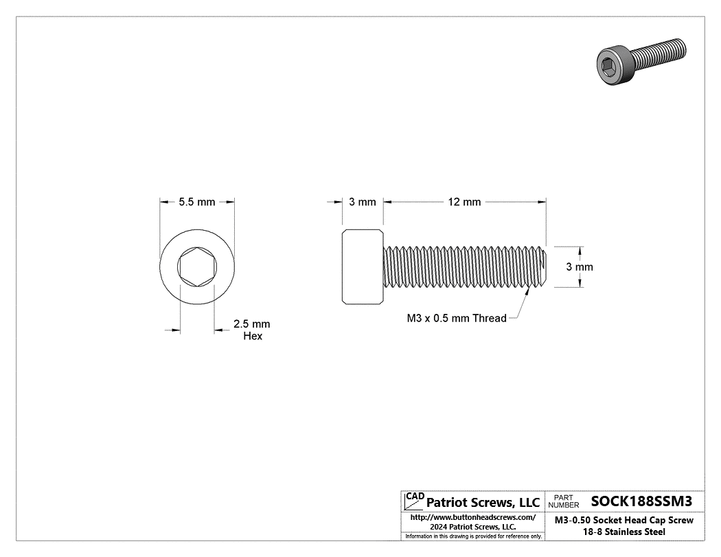 M3-0.50 x 12 mm 18-8 Stainless Steel Socket Head Cap Screw