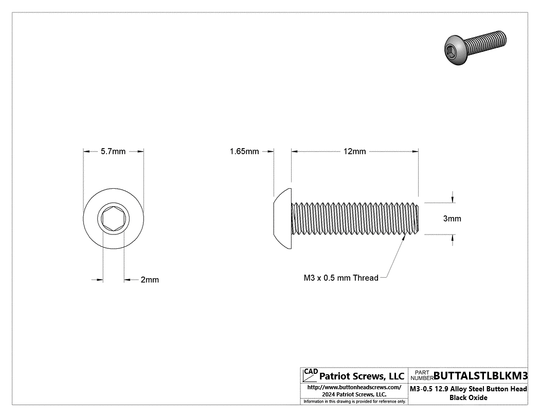 M3-0.50 x 12 mm 12.9 Alloy Steel Button Head Socket Cap Screw Black Oxide