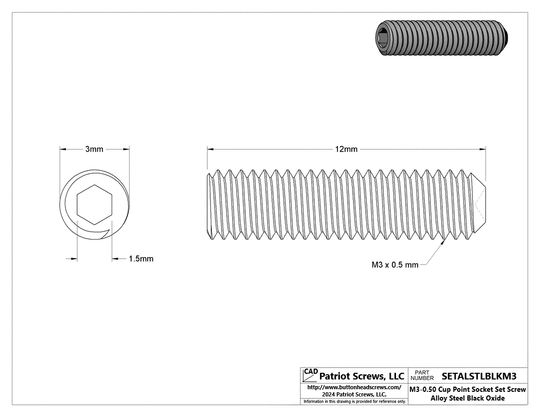 M3-0.50 x 12 mm Alloy Steel Black Oxide Cup Point Socket Set Screws