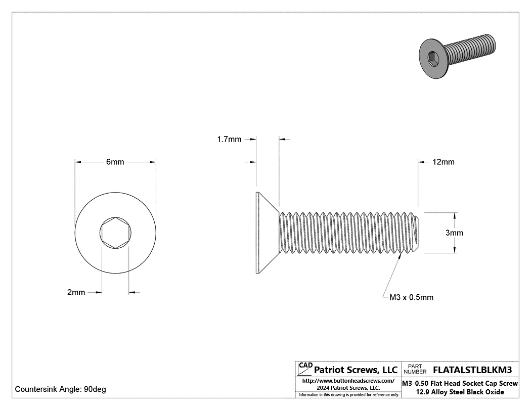 M3-0.50 x 12 mm 12.9 Alloy Steel Black Oxide Flat Head Socket Cap Screw