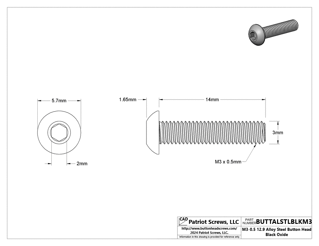 M3-0.50 x 14 mm 12.9 Alloy Steel Button Head Socket Cap Screw Black Oxide