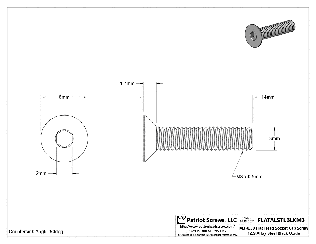 M3-0.50 x 14 mm 12.9 Alloy Steel Black Oxide Flat Head Socket Cap Screw