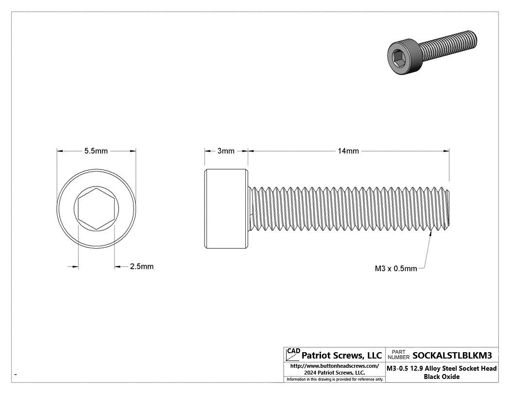 M3-0.50 x 14 mm 12.9 Alloy Steel Black Oxide Socket Head Cap Screw