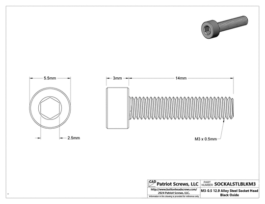 M3-0.50 x 14 mm 12.9 Alloy Steel Black Oxide Socket Head Cap Screw