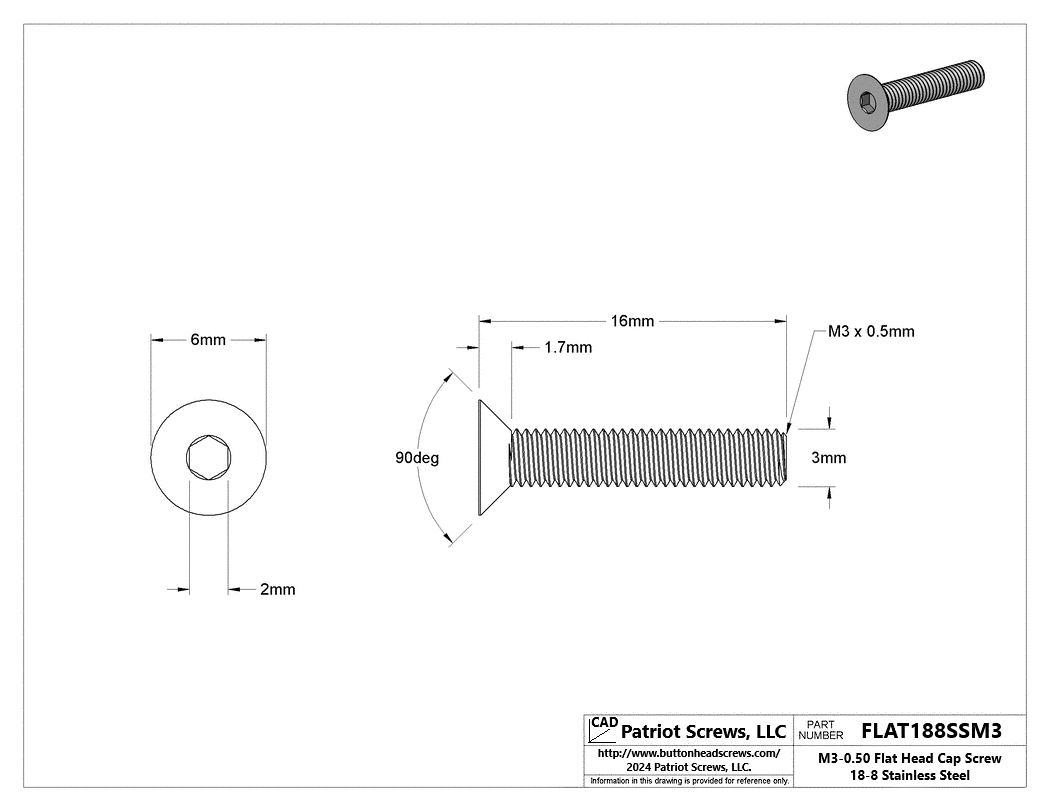 M3-0.50 x 16 mm 18-8 Stainless Steel Flat Head Socket Cap Screw