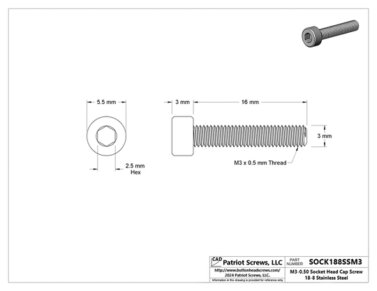 M3-0.50 x 16 mm 18-8 Stainless Steel Socket Head Cap Screw