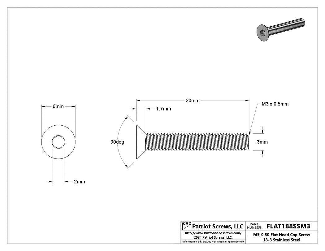 M3-0.50 x 20 mm 18-8 Stainless Steel Flat Head Socket Cap Screw