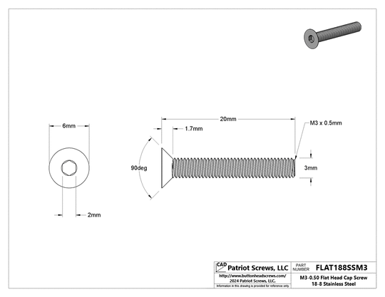 M3-0.50 x 20 mm 18-8 Stainless Steel Flat Head Socket Cap Screw