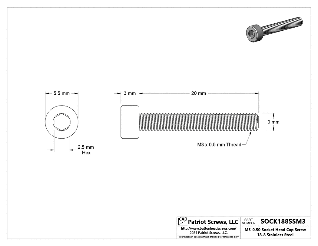 M3-0.50 x 20 mm 18-8 Stainless Steel Socket Head Cap Screw