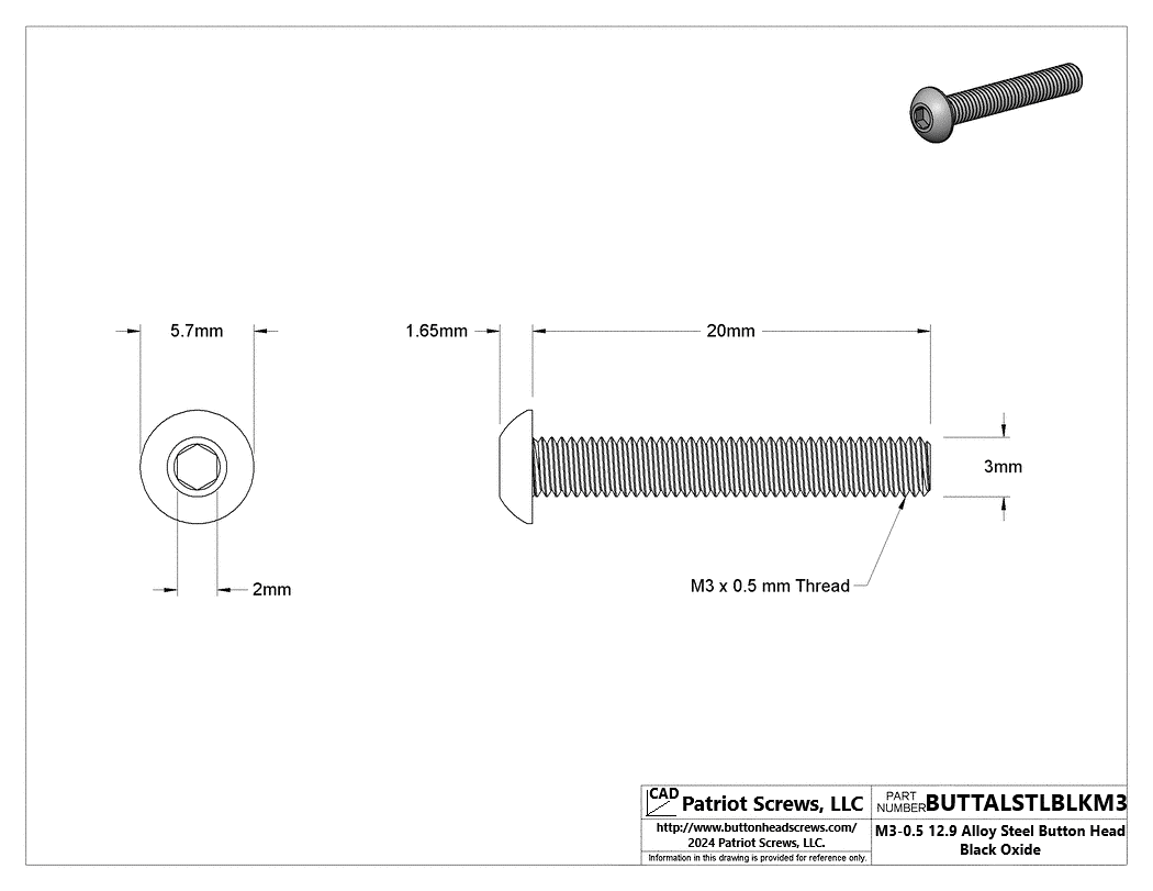 M3-0.50 x 20 mm 12.9 Alloy Steel Button Head Socket Cap Screw Black Oxide