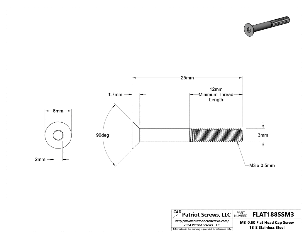 M3-0.50 x 25 mm 18-8 Stainless Steel Flat Head Socket Cap Screw