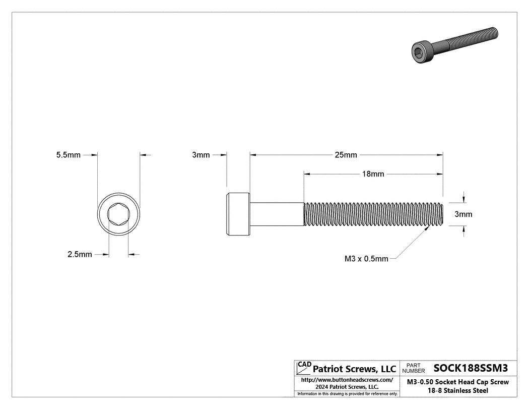 M3-0.50 x 25 mm 18-8 Stainless Steel Socket Head Cap Screw