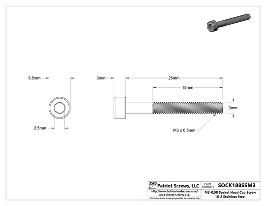 M3-0.50 x 25 mm 18-8 Stainless Steel Socket Head Cap Screw