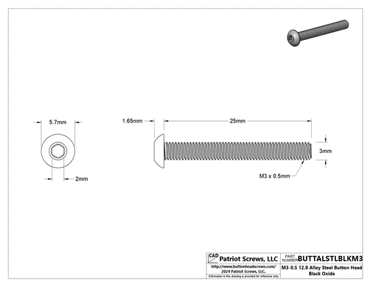 M3-0.50 x 25 mm 12.9 Alloy Steel Button Head Socket Cap Screw Black Oxide