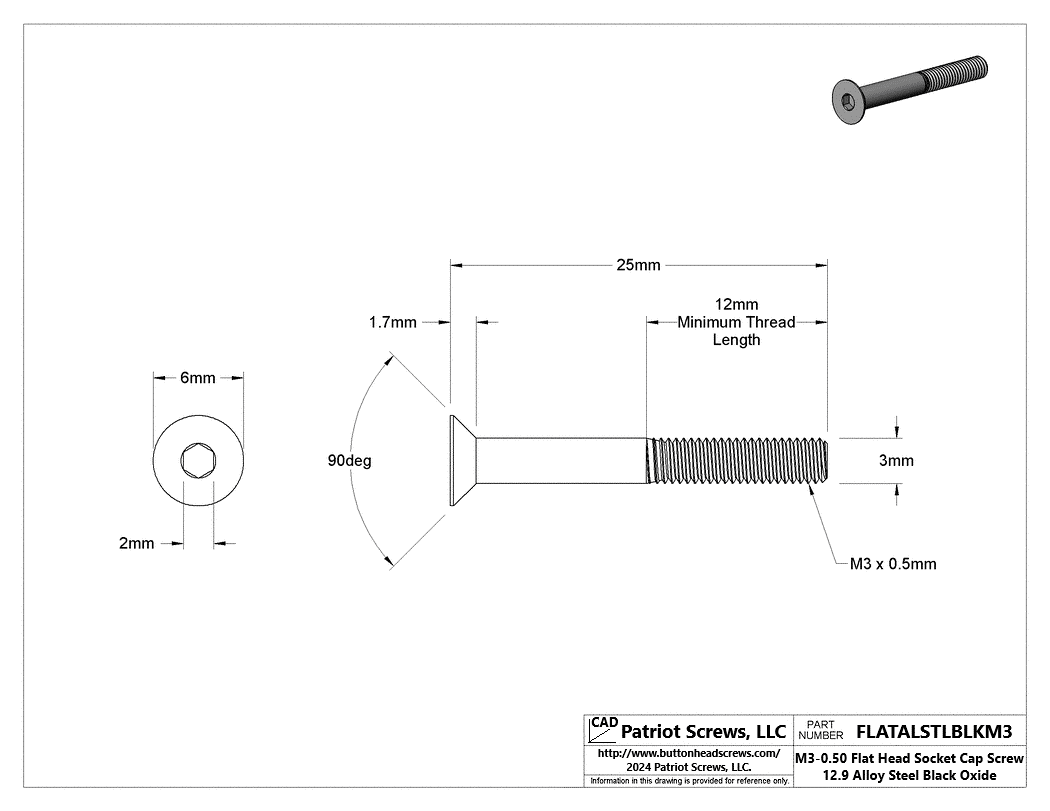 M3-0.50 x 25 mm 12.9 Alloy Steel Black Oxide Flat Head Socket Cap Screw