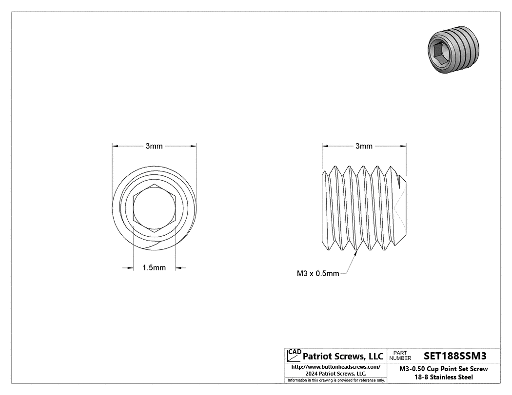 M3-0.50 x 3 mm 18-8 Stainless Steel Cup Point Socket Set Screw
