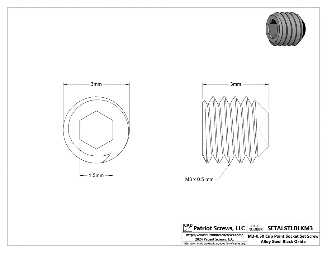 M3-0.50 x 3 mm Alloy Steel Black Oxide Cup Point Socket Set Screws