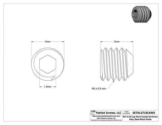 M3-0.50 x 3 mm Alloy Steel Black Oxide Cup Point Socket Set Screws