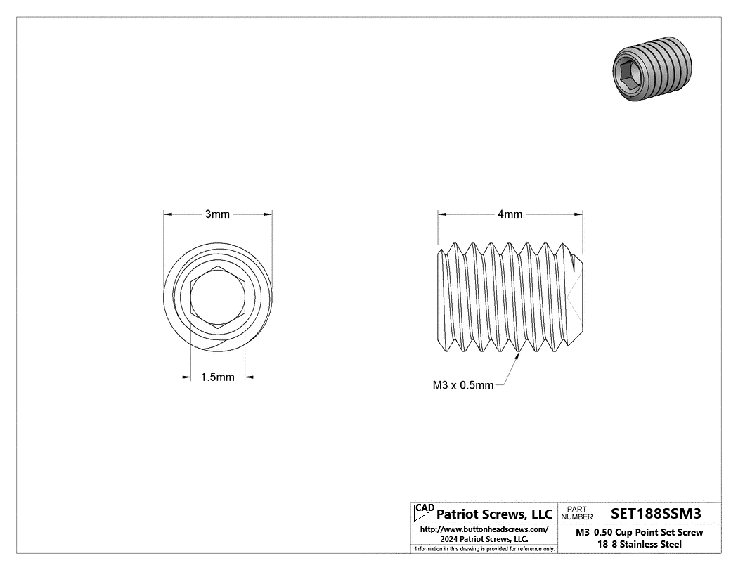 M3-0.50 x 4 mm 18-8 Stainless Steel Cup Point Socket Set Screw