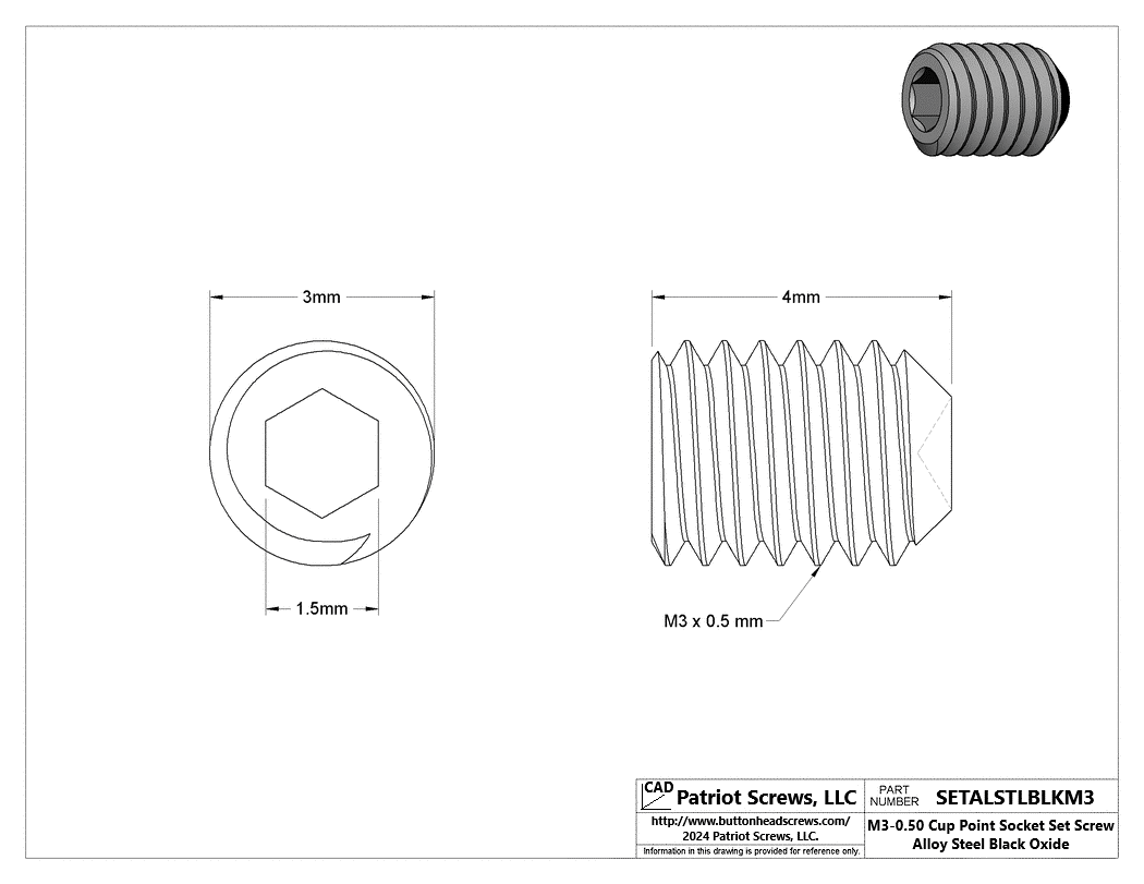 M3-0.50 x 4 mm Alloy Steel Black Oxide Cup Point Socket Set Screws