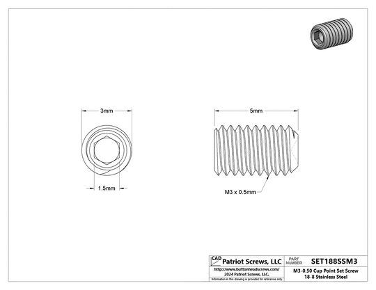 M3-0.50 x 5 mm 18-8 Stainless Steel Cup Point Socket Set Screw