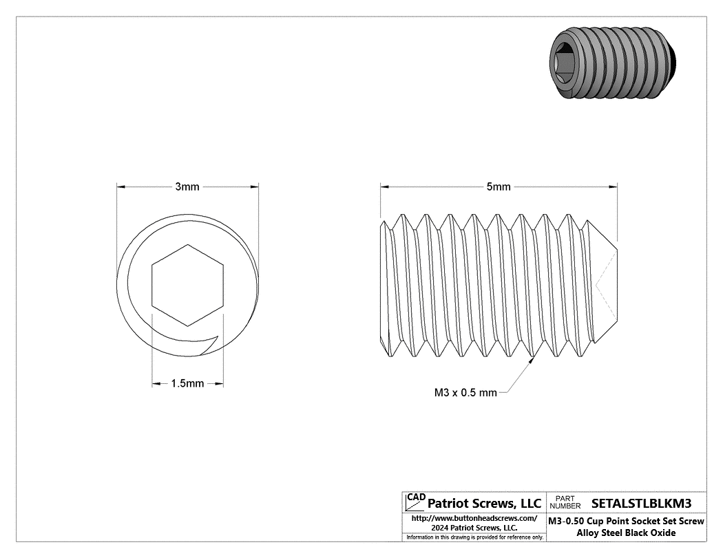 M3-0.50 x 5 mm Alloy Steel Black Oxide Cup Point Socket Set Screws