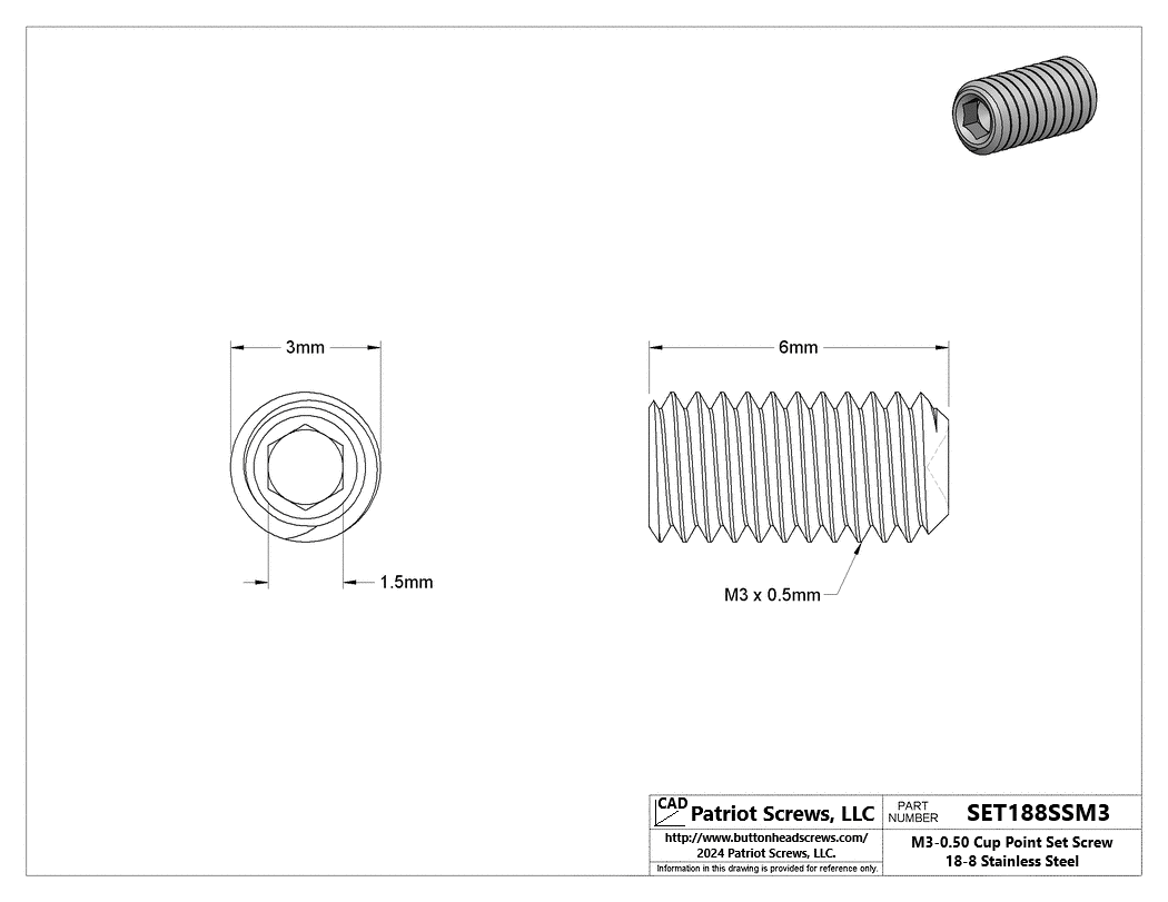M3-0.50 x 6 mm 18-8 Stainless Steel Cup Point Socket Set Screw