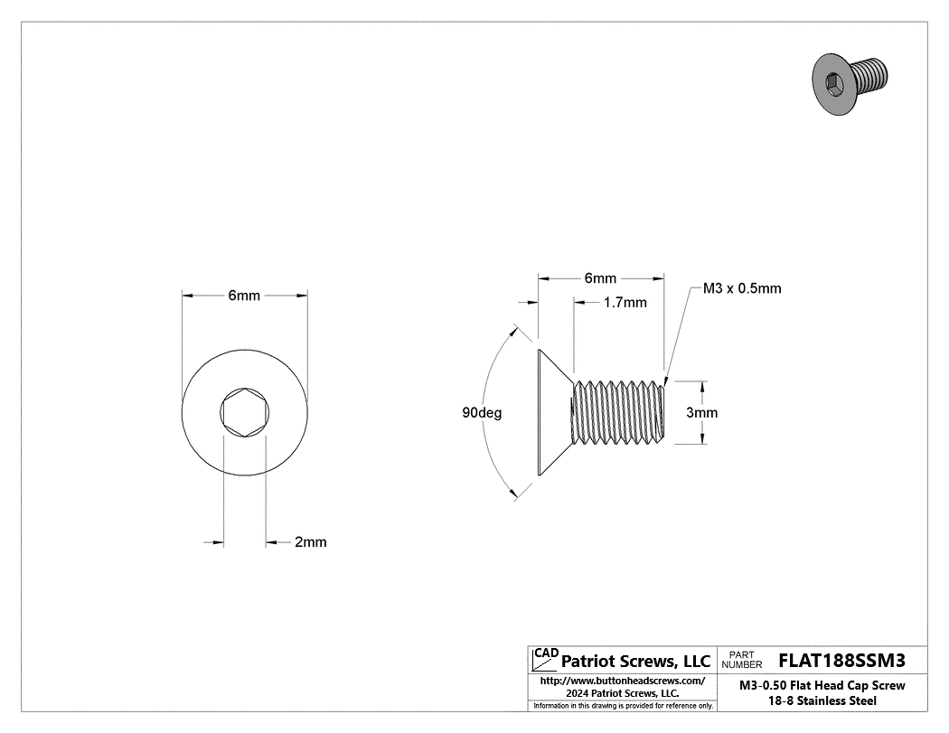 M3-0.50 x 6 mm 18-8 Stainless Steel Flat Head Socket Cap Screw
