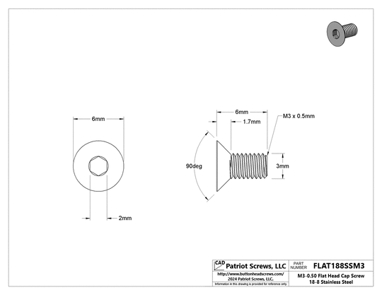 M3-0.50 x 6 mm 18-8 Stainless Steel Flat Head Socket Cap Screw