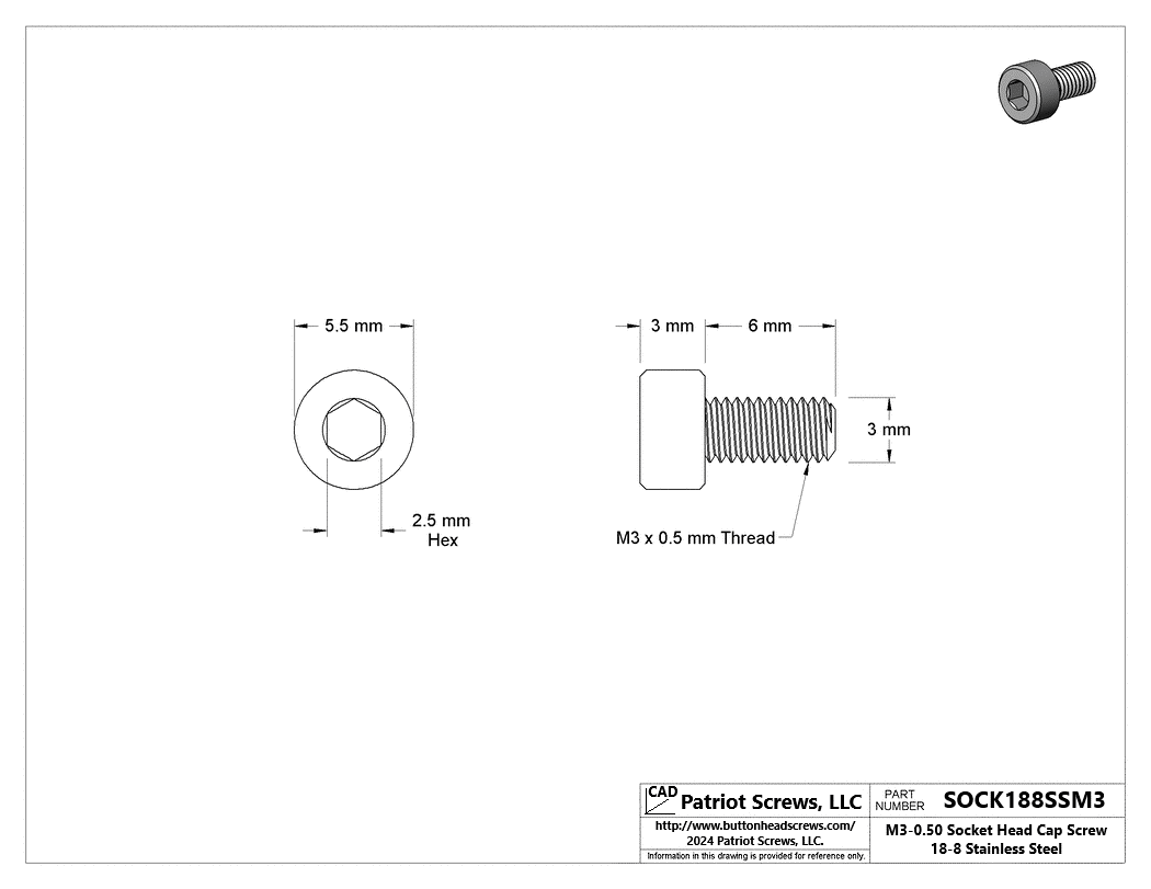 M3-0.50 x 6 mm 18-8 Stainless Steel Socket Head Cap Screw